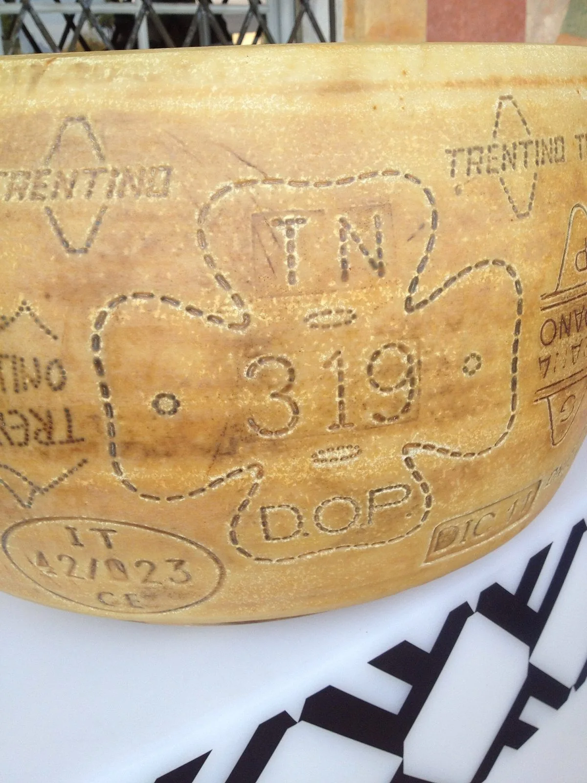 Particolare dello scalzo di una forma di Trentingrana con i marchi Trentino e DOP impressi sulla crosta